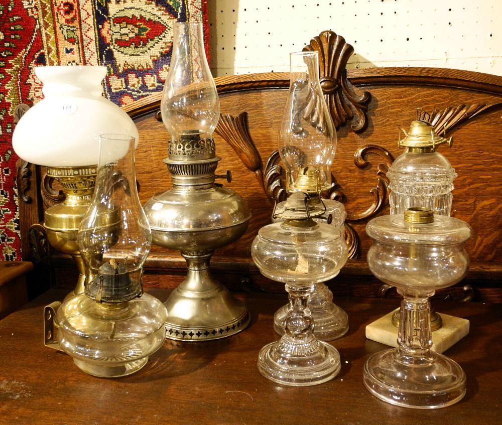 Group of 7 Oil Lamps, 3 Complete, 4 Missing Some Parts.: Group of 7 Oil Lamps, 3 Complete, 4 Missing Some Parts.