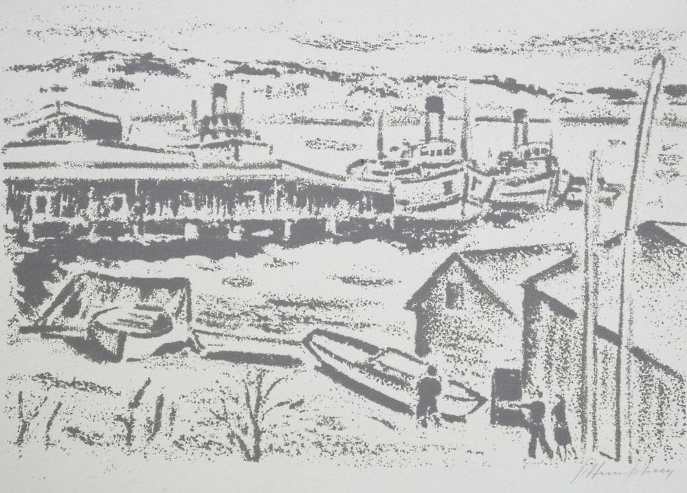 Block Print Signed J.(Jack) Humphrey, 8 1/2" x 11", Untitled- Dock Scene. (1 of 5)