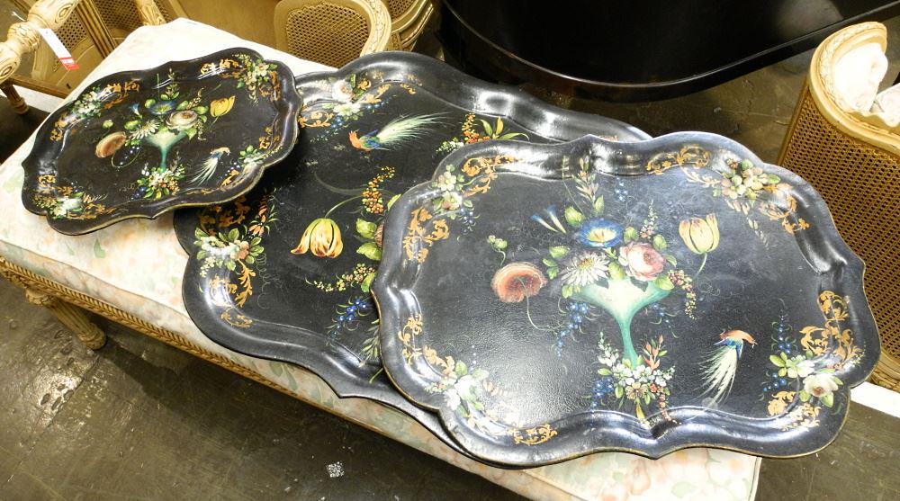 Graduated Set of 3 Papier Mache Gilt & Floral Trays, 17 - 28 3/4" Wide (1 of 2)