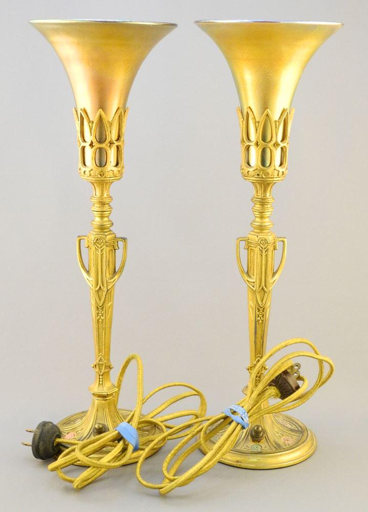 Pair of Cast Gilt Metal Mantle Lamps with Conical Iridescent Shades, 15"h - rubbed spot (1 of 17)