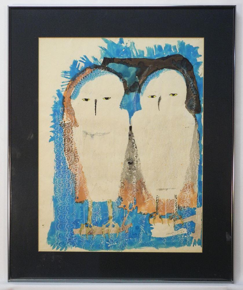 Mixed Media Signed Maxwell Bates Feb 12th 1964, 21"x 16 1/4", "Owls".: Mixed Media Signed Maxwell Bates Feb 12th 1964, 21"x 16 1/4", "Owls".