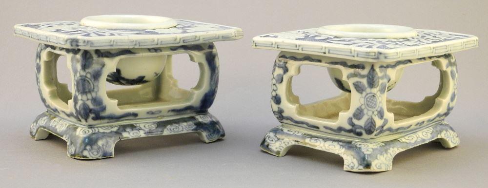 Pair Japanese Blue & White Sake Cup Holders, 5" X 4" X 3". (1 of 8)