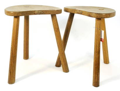 Pair of Mouseman (Robert Thompson) 3 Legged Carved Oak Stools - 17 5/8" x 17 1/2" x 16 1: Pair of Mouseman (Robert Thompson) 3 Legged Carved Oak Stools - 17 5/8" x 17 1/2" x 16 1