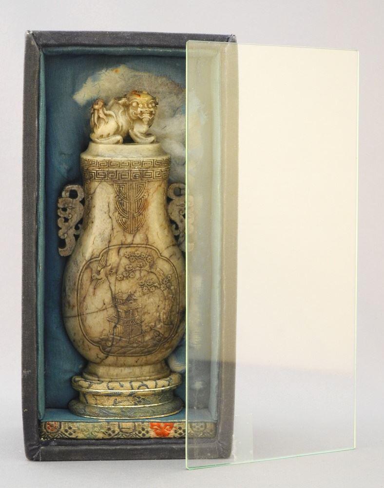Chinese Carved Soapstone Lidded Vessel with Original Box, 6 1/8". (1 of 12)