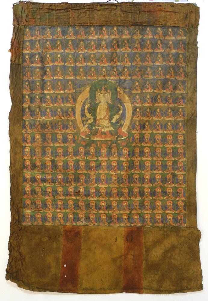 Antique Tibetan Deity Thanka, 33" X 27".: Antique Tibetan Deity Thanka, 33" X 27".