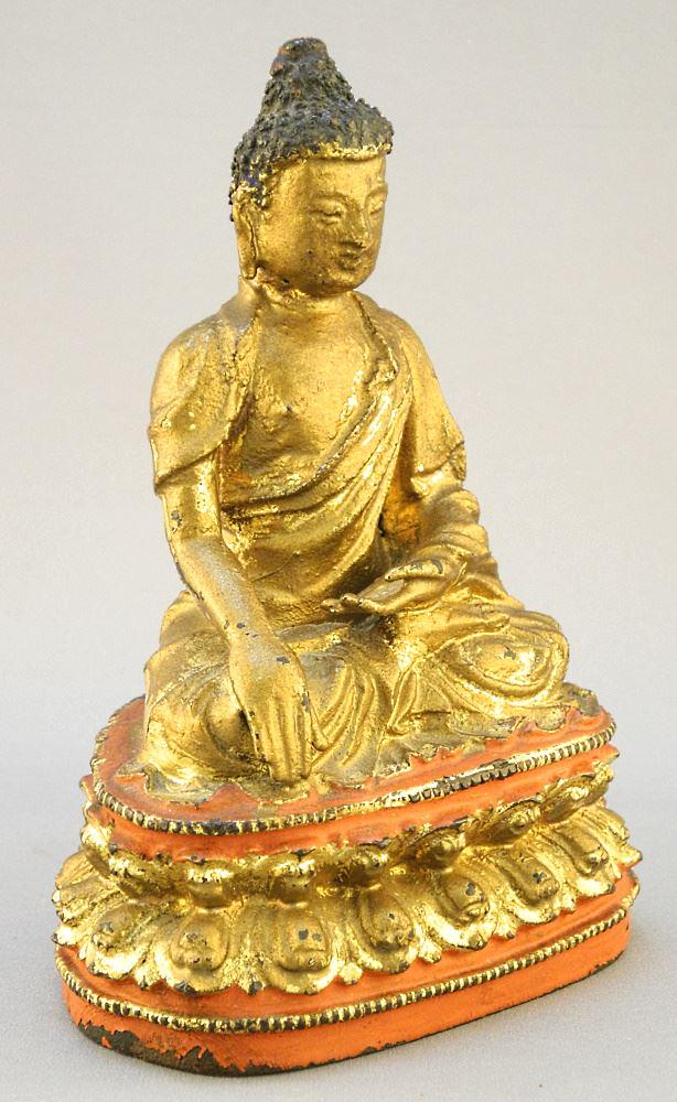 Gilt Cast Iron Figure of The Buddha with red pigment, 5 3/4" x 3 7/8" x 2 3/4". (1 of 6)