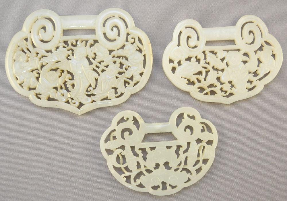 3 Chinese Carved Jade "Lock" Pendants, 2 3/4" - 3 1/2" wide. (1 of 4)
