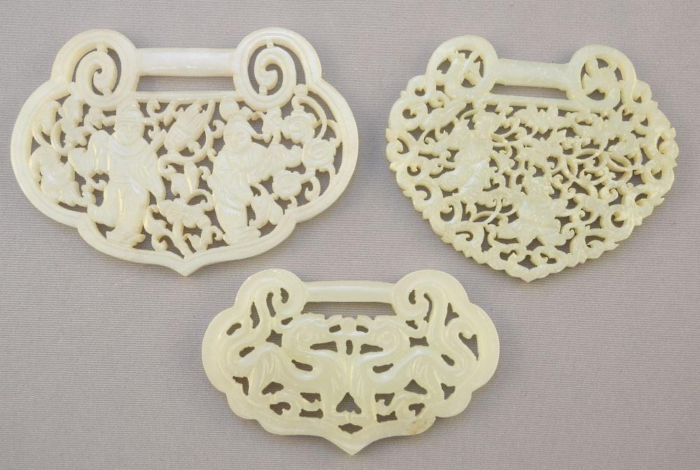 3 Chinese Carved Jade Lock Pendants, 2 7/8" - 3 1/2". (1 of 6)