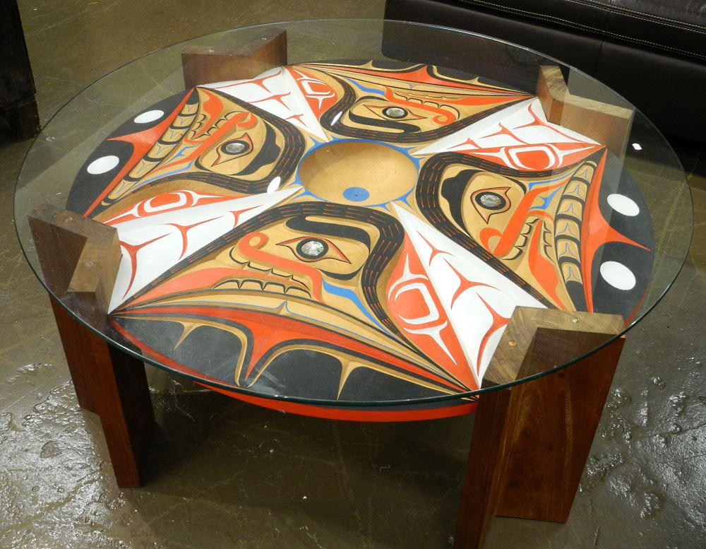Jason Hunt Carved Cedar Circular Glass Top Low Table, 48" diameter. (1 of 9)
