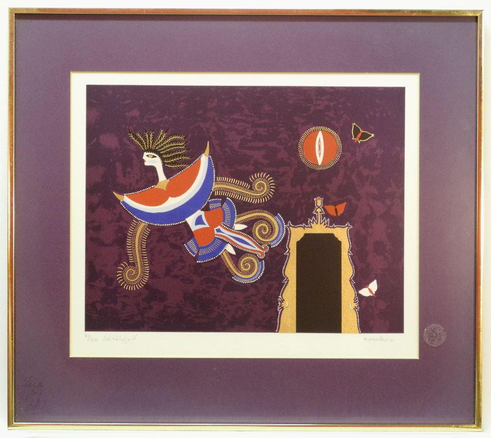 Coloured Print signed Max Walter (Svanberg), 14" x 17", "Flying Figure" 73/100. (1 of 3)