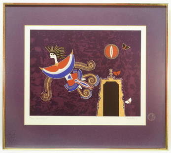 Coloured Print signed Max Walter (Svanberg), 14" x 17", "Flying Figure" 73/100.: Coloured Print signed Max Walter (Svanberg), 14" x 17", "Flying Figure" 73/100.