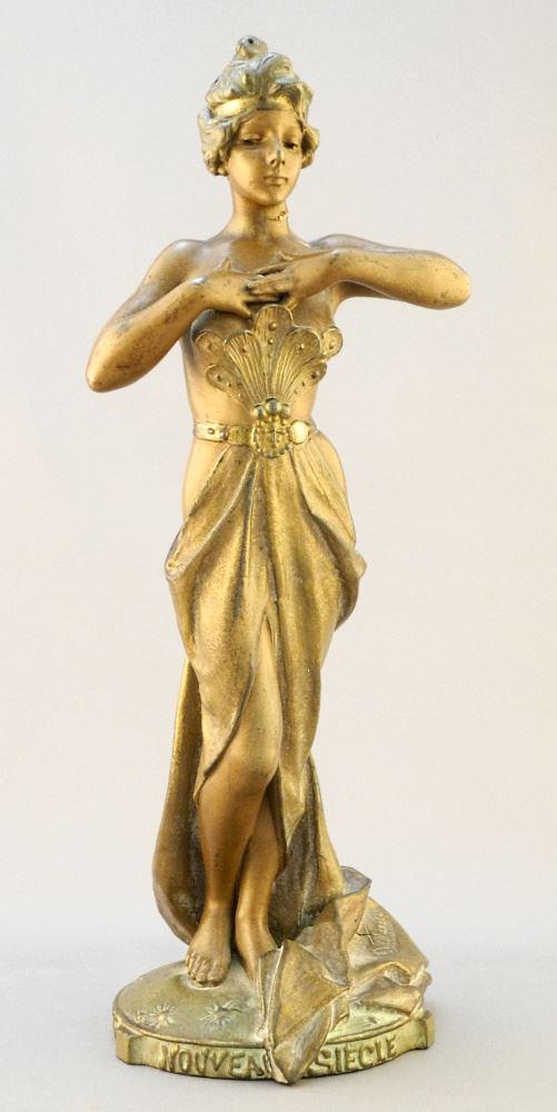 Spelter Figure Signed E. (Emmanuel) Villanis, 11 1/2" H "Nouveau Siecle" Condition Noted. (1 of 6)