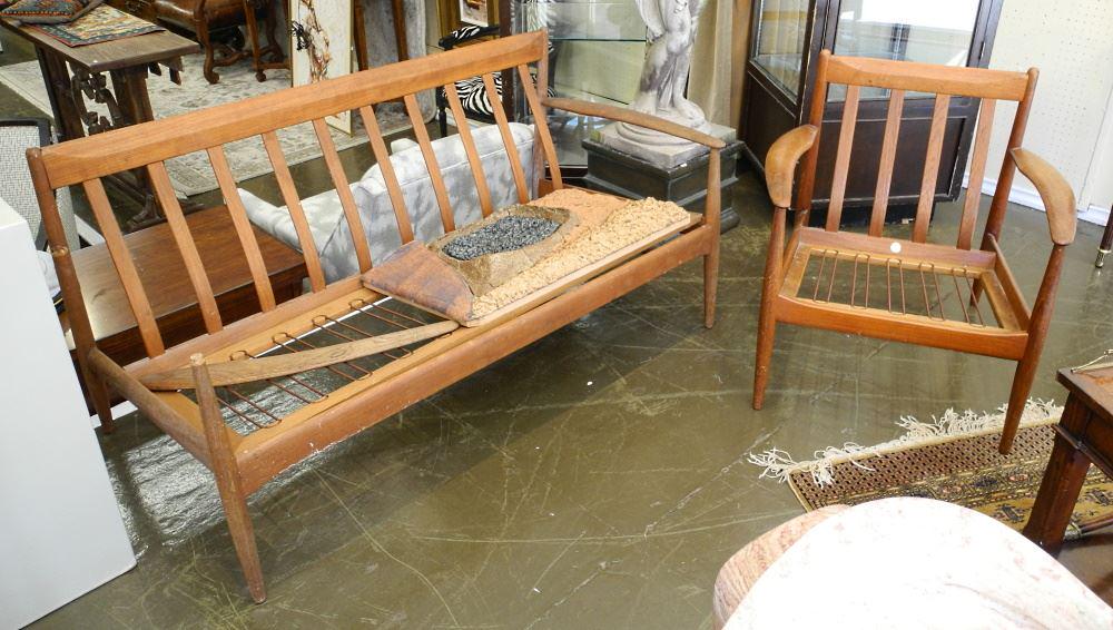 France & Daverkosen Settee & France & Son Armchair (Some Damage, No Cushions).: France & Daverkosen Settee & France & Son Armchair (Some Damage, No Cushions).