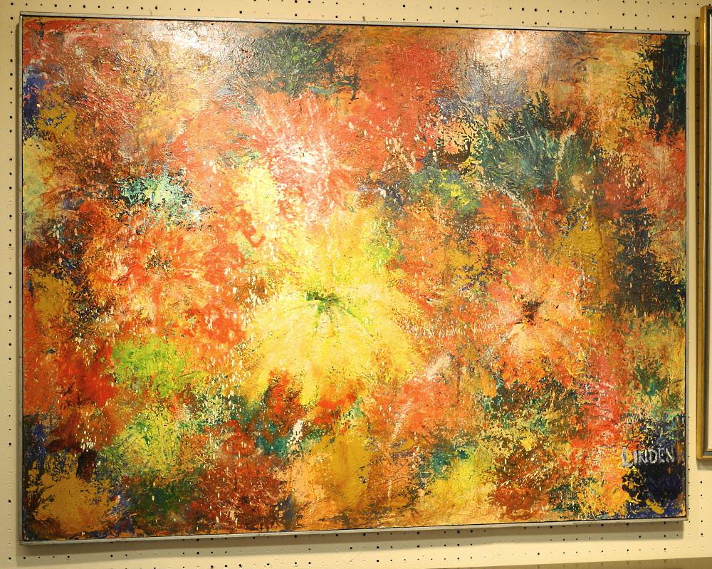 Oil Masonite Signed Linden, 36" X 48", "Expressive Colour".: Oil Masonite Signed Linden, 36" X 48", "Expressive Colour".