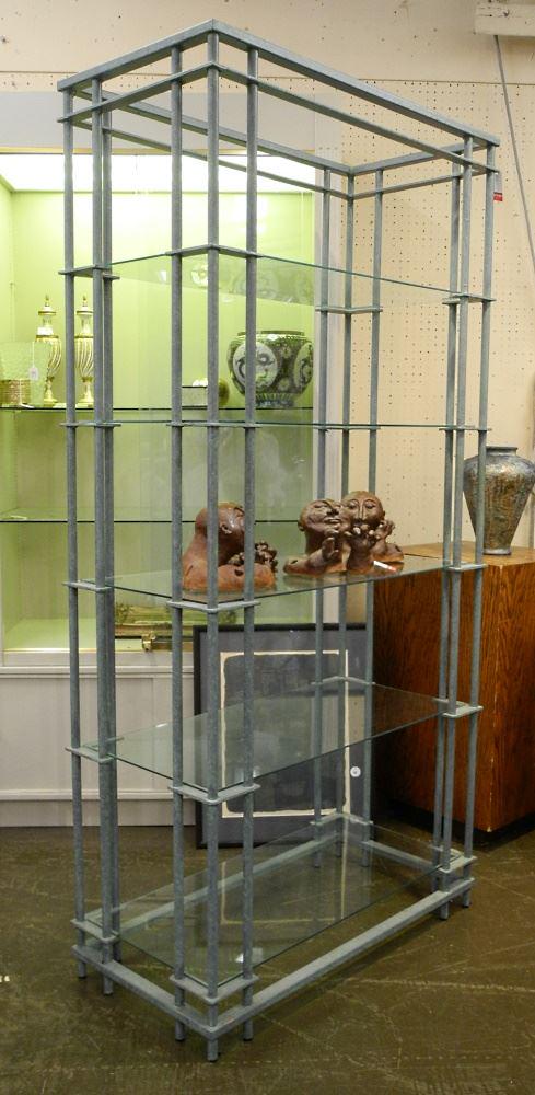 Verdigris Finish Open Glass Shelf, 74 1/2"h.: Verdigris Finish Open Glass Shelf, 74 1/2"h.