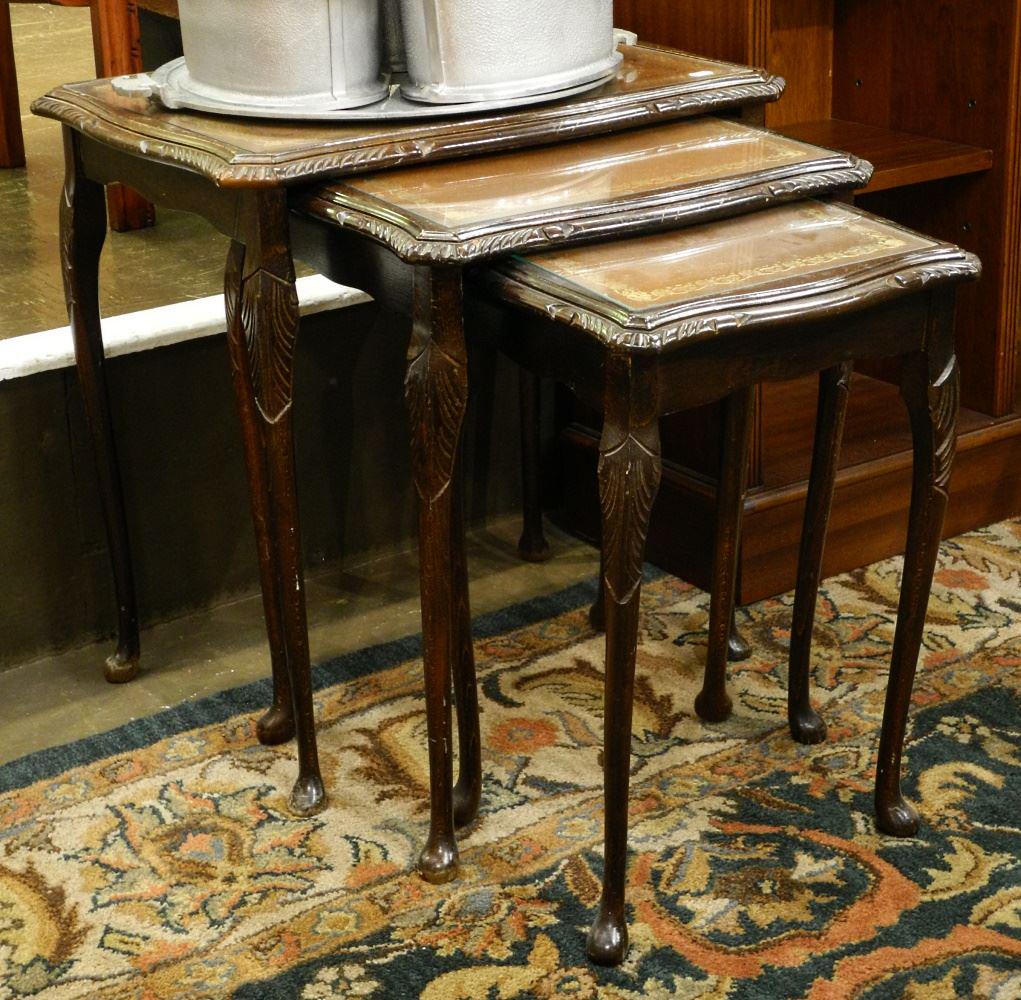 Trio of Nesting tables with Inset Gilt Tooled Leather.: Trio of Nesting tables with Inset Gilt Tooled Leather.