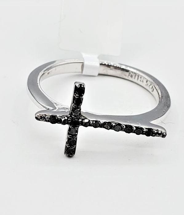 Sterling Silver Black Diamond Cross Ring, Size 7. (1 of 5)