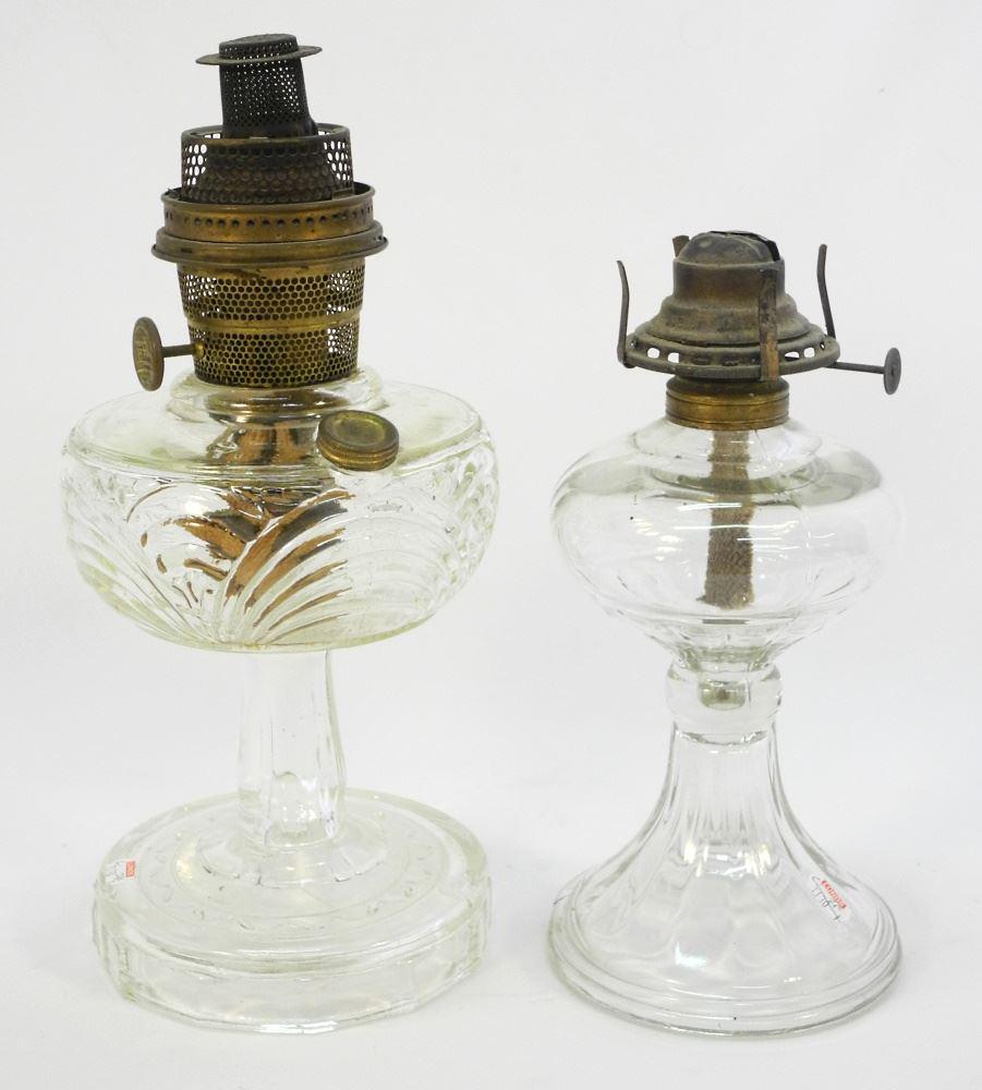 2 Pressed Glass Oil Lamps, Aladdin (8 3/4"H) & Unmarked (8 1/8" H). (1 of 1)