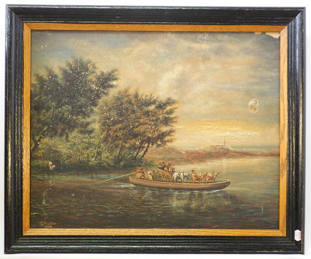 Oil Canvas F.J. Proctor 1900, 15 3/8" X 19 3/8" "Carriage Ferry" (1 of 6)