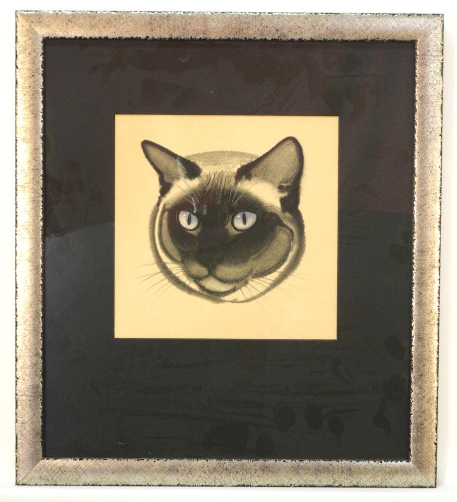 Unsigned Coloured Print, 8 3/4" x 8 3/4", "Siamese Cat". (1 of 2)