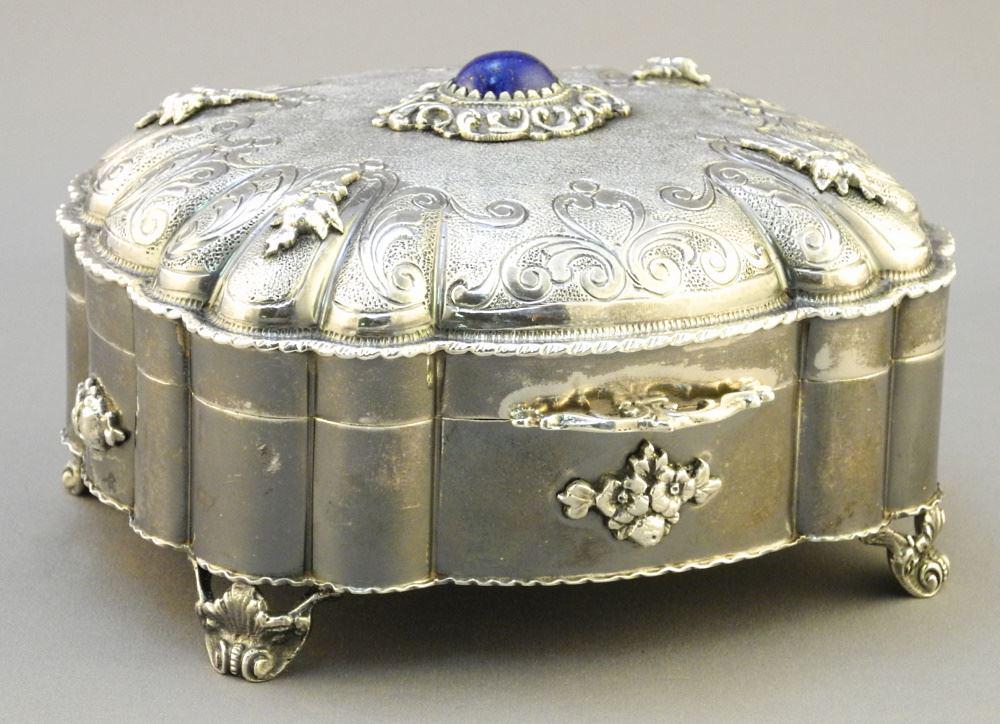 .800 Silver Box with Lapis Cabochon & Parcel Gilt Interior, 385 Grams, 5" Wide (1 of 4)