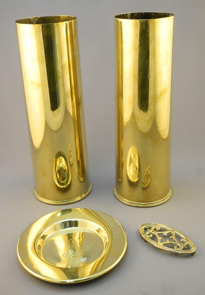 H.M.S. Minotaur Brass Dish (6 1/8" D) & 2 Brass Shell Cases - 11 5/8" H. (1 of 2)