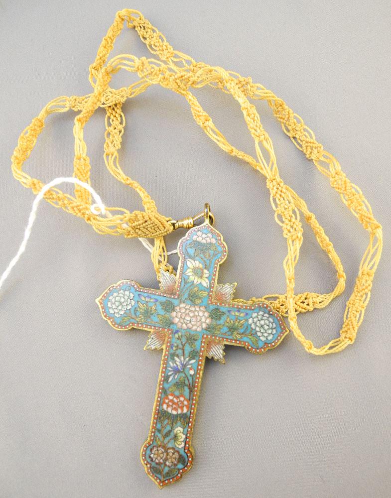 French Cloisonne Crucifix on Fibre Necklace, 3 3/4" H.: French Cloisonne Crucifix on Fibre Necklace, 3 3/4" H.