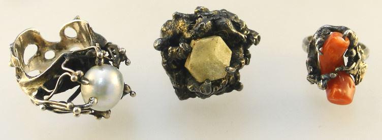 3 Silver Tone Modernist Rings: Coral/Baroque Pearl/Crystal, Sizes 4 - 7 39.3 Grams. (1 of 3)
