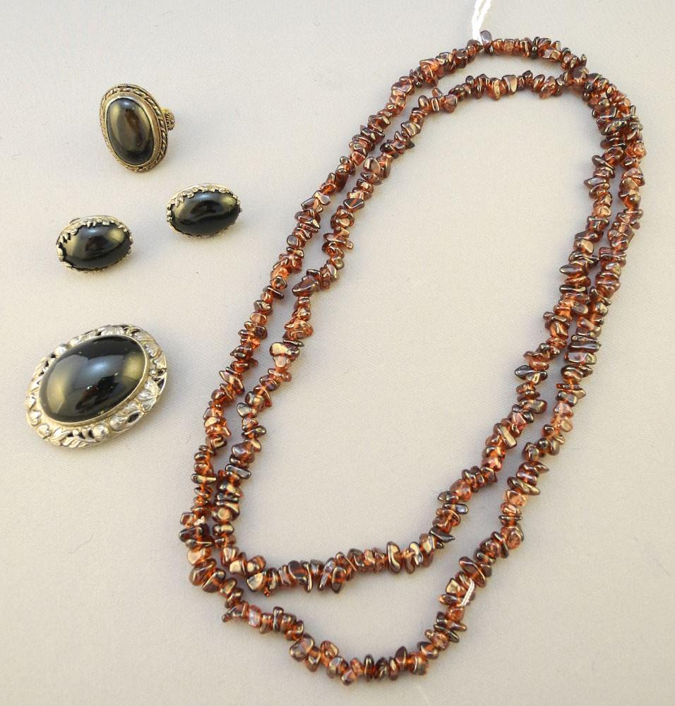 Chinese Silver Cabochon Brooch & Earrings with Amethyst Pebble Necklace & Another Ring. (1 of 2)