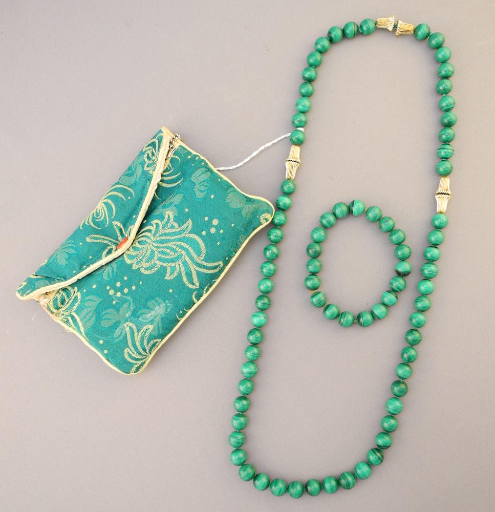Uniform Malachite Bead Necklace & Bracelet with Gold Fill Spacers.: Uniform Malachite Bead Necklace & Bracelet with Gold Fill Spacers.