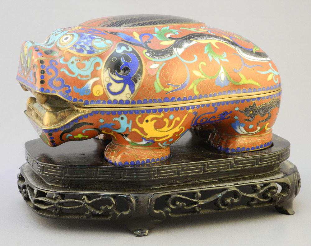 Chinese Cloisonne Pig Box on Stand, 3 1/4" x 6 1/2" x 4 1/2", stand 7". (1 of 5)
