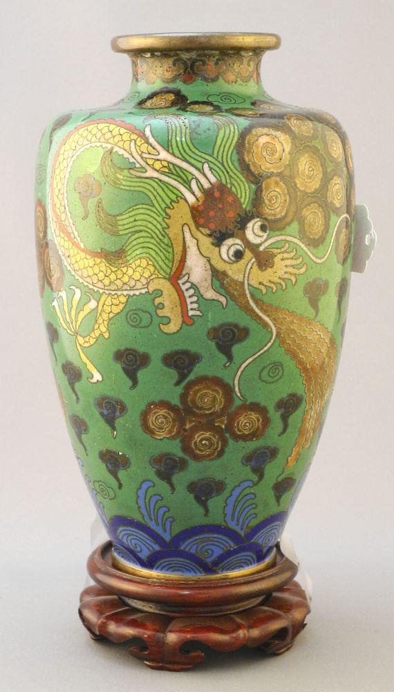 Chinese Cloisonne "Dragons and Clouds" Vase, 8 3/8"h., bump noted.: Chinese Cloisonne "Dragons and Clouds" Vase, 8 3/8"h., bump noted.