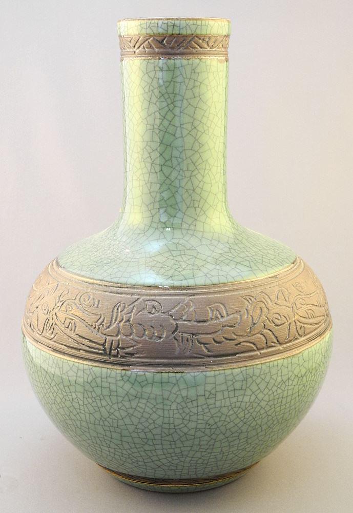 Modern Molded Crackle Glaze Celadon With Bisque Bands, 13 1/8" H., With Incised Mark: Modern Molded Crackle Glaze Celadon With Bisque Bands, 13 1/8" H., With Incised Mark