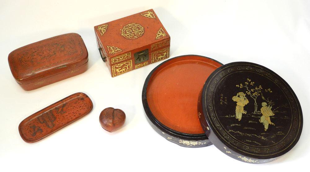 5 Asian Lacquered Items; 4 Chinese Boxes, 1 Japanese Dish. (1 of 4)