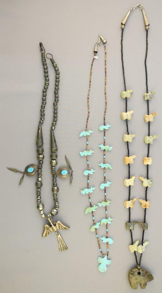 2 Zuni Fetish Necklaces & Silver Alloy Necklaces, Feather Shields Marked Sterling. (1 of 2)