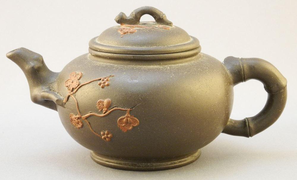 Yixing Ware Teapot, Bamboo & Prunus Design, 6 7/8" L. Chipped Lid Noted. (1 of 4)