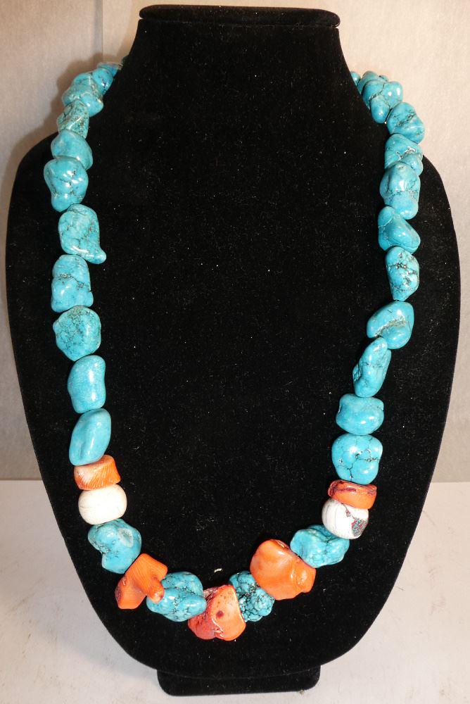19th Century Sino-Tibetan Turquoise and Coral Necklace, 28" l.: 19th Century Sino-Tibetan Turquoise and Coral Necklace, 28" l.
