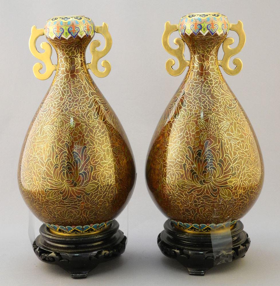Pair Of Chinese Cloisonne Ochre Ground Garlic Head Vases, 8 1/4"h, With