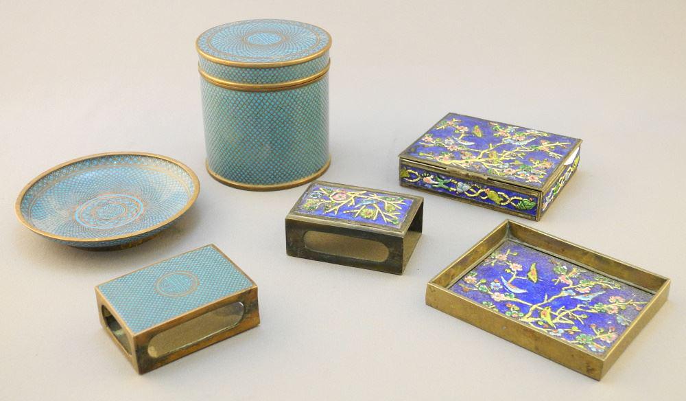 Two 3 pc. Chinese Blue Ground Enamel & Cloisonne Smoker's Sets, With Yellow Canister 3"h. (1 of 3)