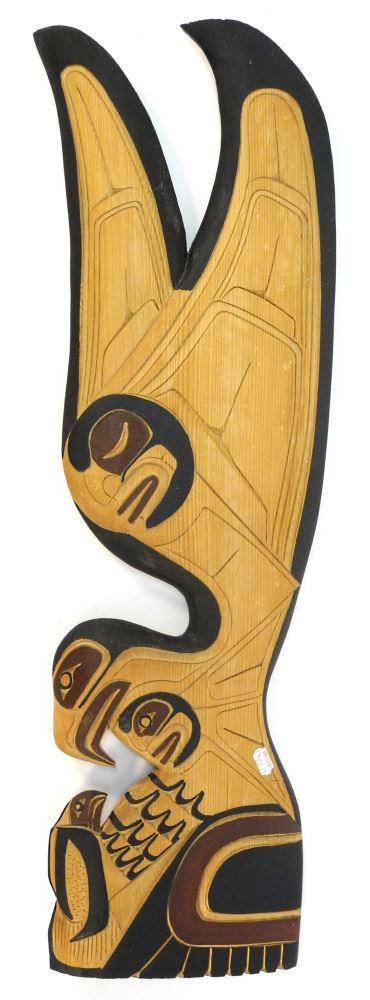 Coast Salish Plaque Carving signed Tyrone Joseph, 28 3/8" H "Screaming Eagle".: Coast Salish Plaque Carving signed Tyrone Joseph, 28 3/8" H "Screaming Eagle".