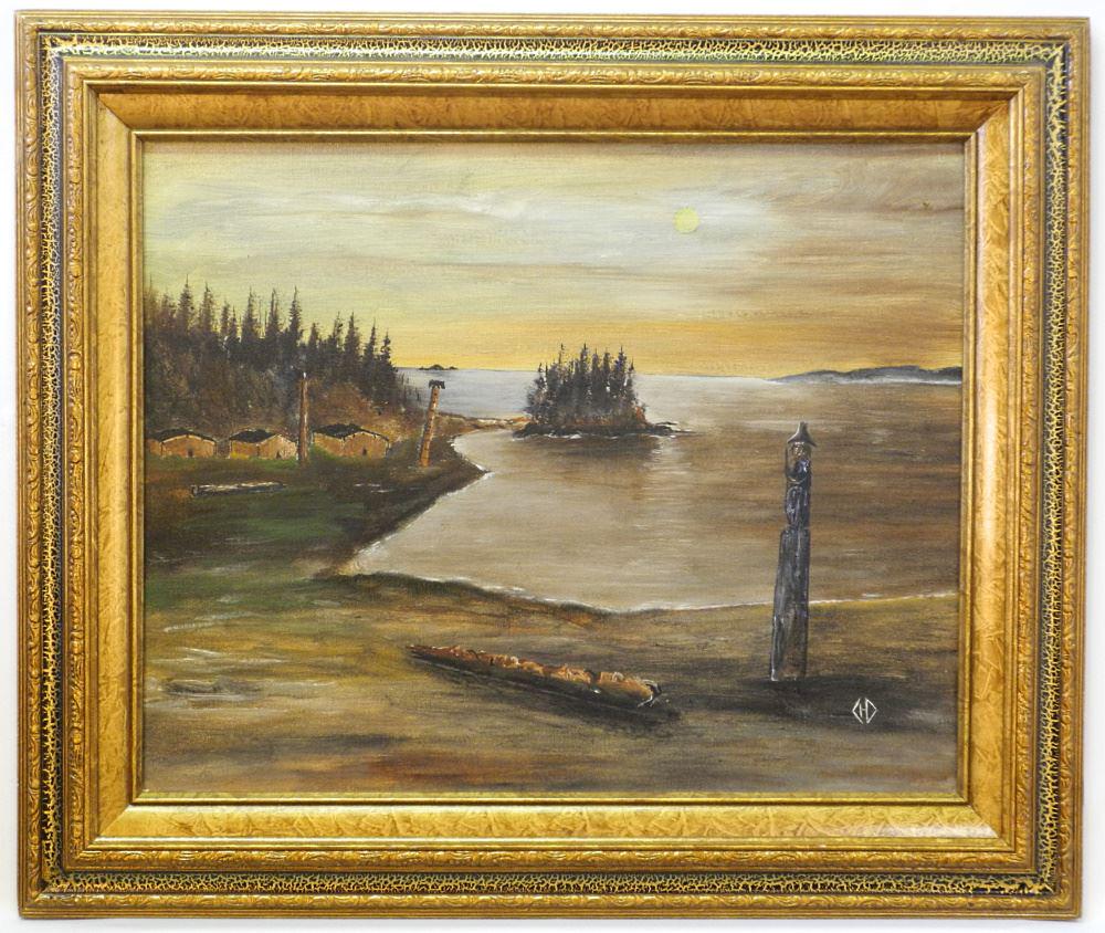 Oil on Board Signed Charles H. Deedoward 1967, 16" x 20", "Indian Village With Totem". (1 of 5)