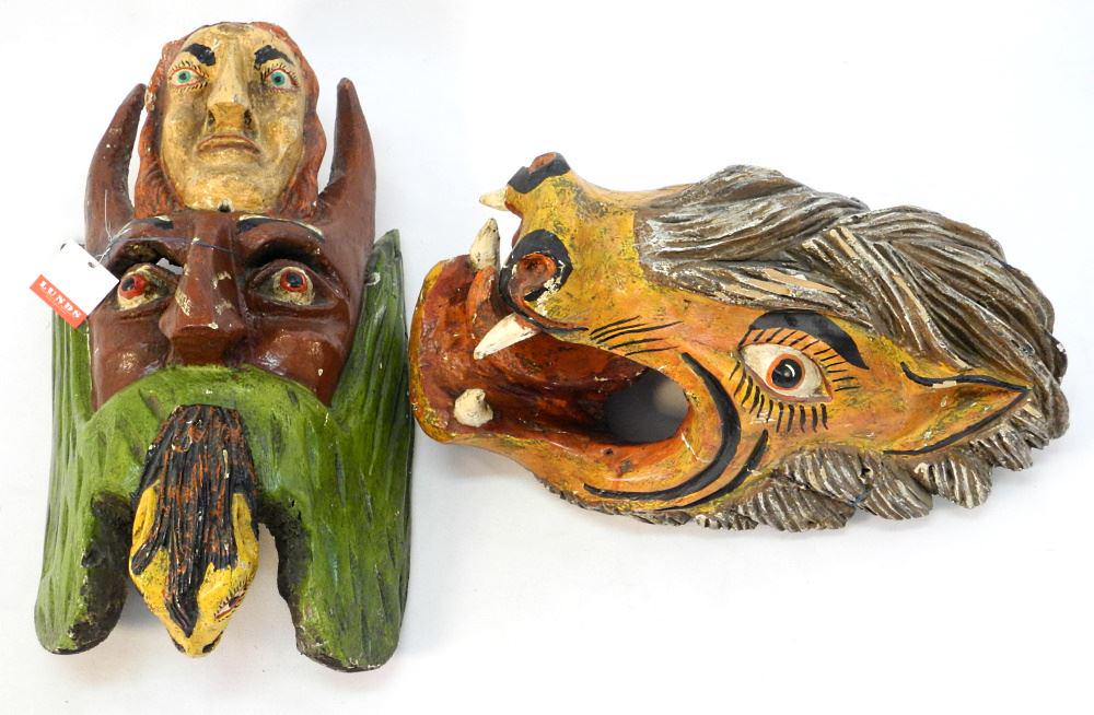 Two South American Carved Wood Masks, Approx. 16" H. (1 of 2)