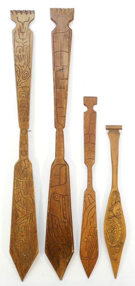 4 Northwest Coast Dance Paddles, 26 " - 46" Long. (1 of 3)