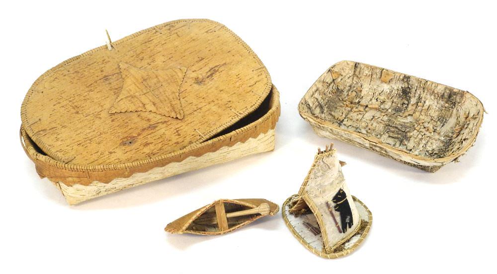 Collection of Birch Bark Items; Covered Basket/Tipi/Canoe/Open Basket, 17 3/4"w. (1 of 4)