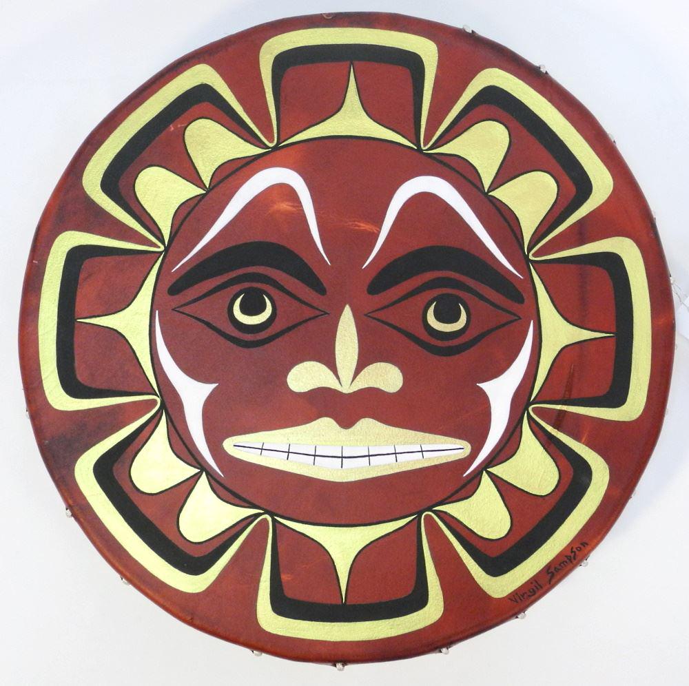 Hide Drum With Sun Design Signed Virgil Sampson, 18 1/2"d.: Hide Drum With Sun Design Signed Virgil Sampson, 18 1/2"d.
