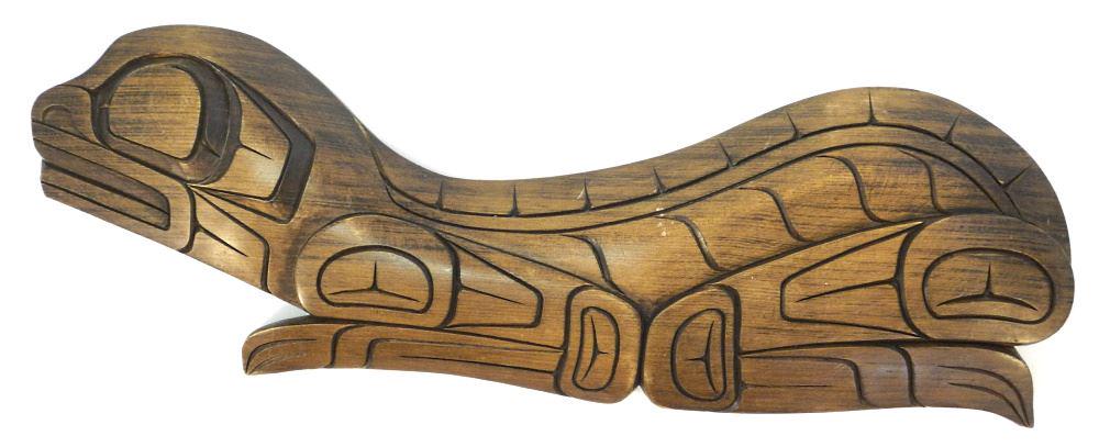 Coast Salish Plaque Carving signed Joe Bob Nanoose Band 22 1/8" W "Frog": Coast Salish Plaque Carving signed Joe Bob Nanoose Band 22 1/8" W "Frog"