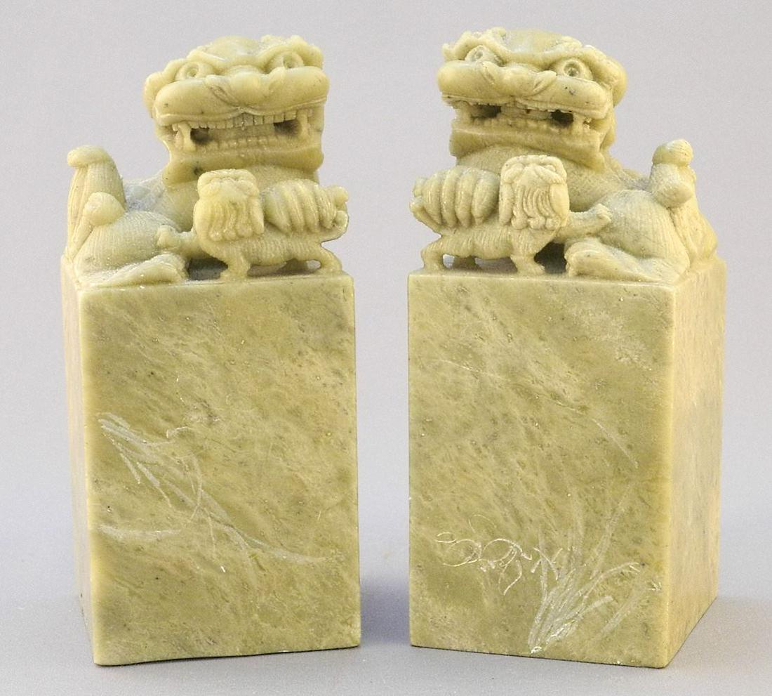 Pair of Softstone Buddhist Lion Dogs, 5 3/8" x 2 3/8" x 2 3/8".: Pair of Softstone Buddhist Lion Dogs, 5 3/8" x 2 3/8" x 2 3/8".