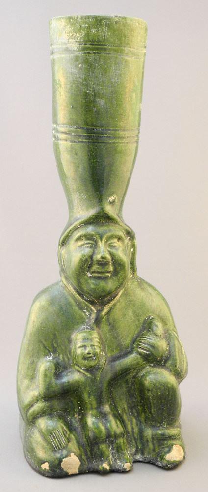 Green Glazed Figural Pottery Vessel, 13 1/2" High (1 of 4)
