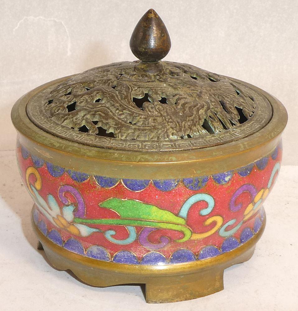 Copper Based Cloisonne Incense Burner, H 2". (1 of 5)