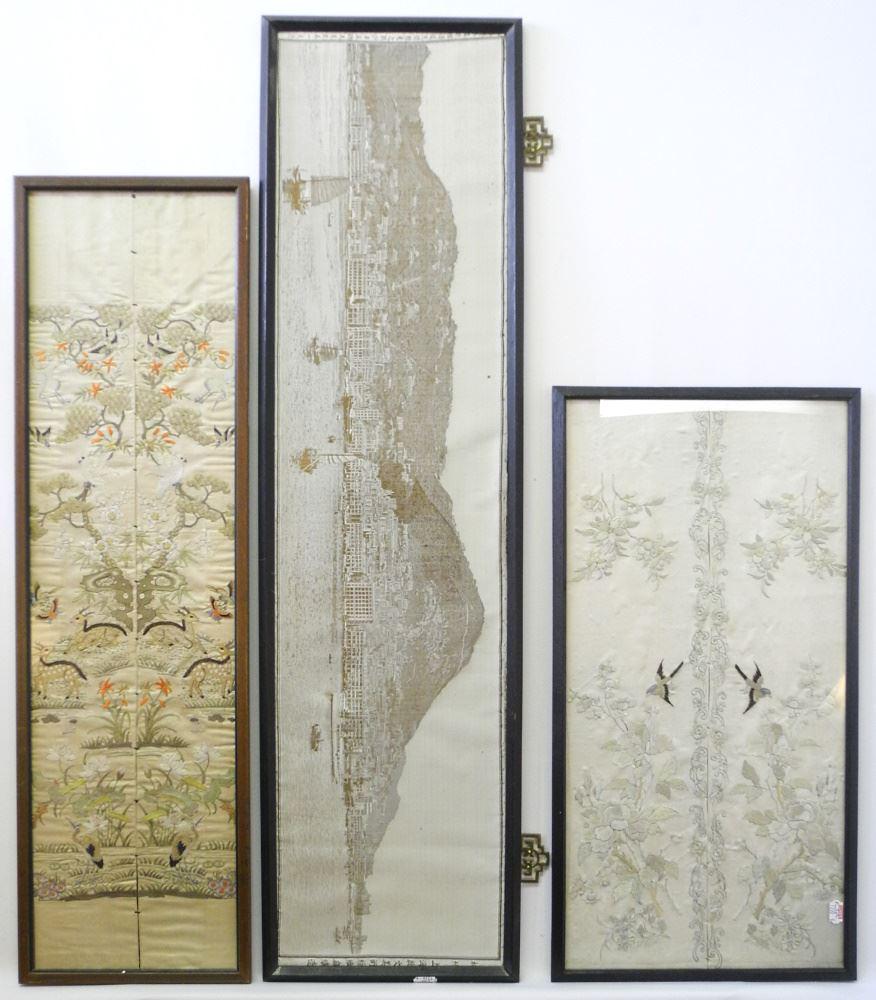 Two Pair of Chinese Silk Sleeve Panels & View of Hong Kong, Largest 8" X 31 1/2". (1 of 4)